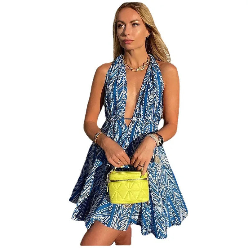 Women's Sleeveless Halterneck Backless Printed A-line Beach Vacation Dress - Image 7