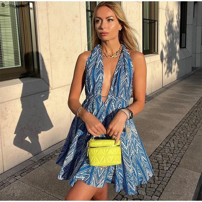 Women's Sleeveless Halterneck Backless Printed A-line Beach Vacation Dress - Image 5