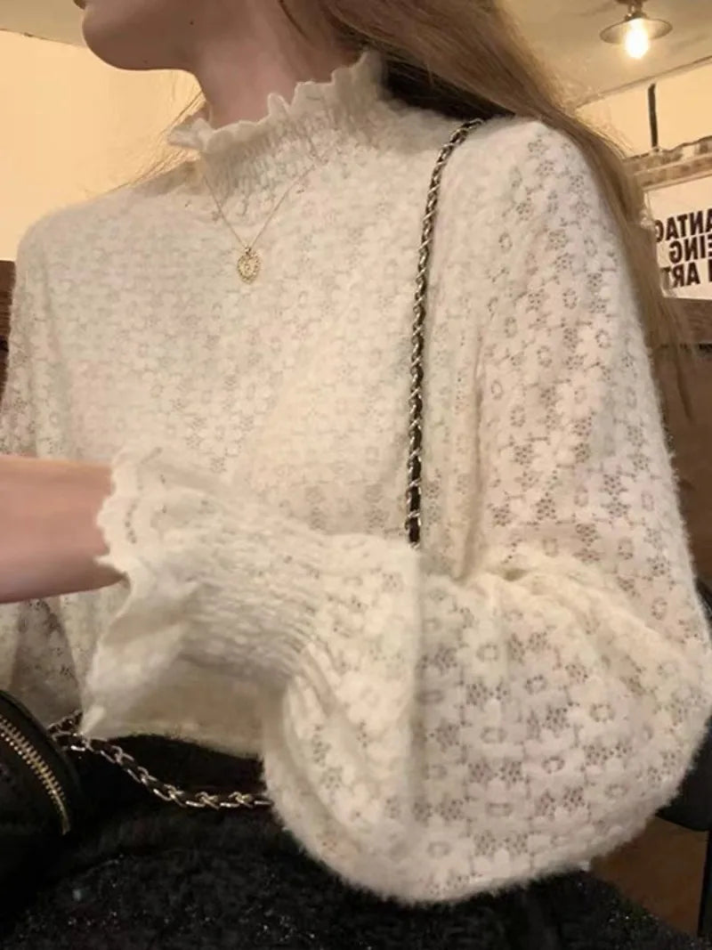 Autumn Winter Korean Fashion Turtleneck Flared Sleeve Casual Tops