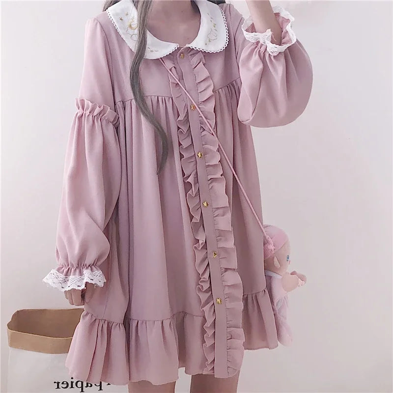 Pink ruffle patch kawaii dress for women - Autumn/Winter style - Image 3