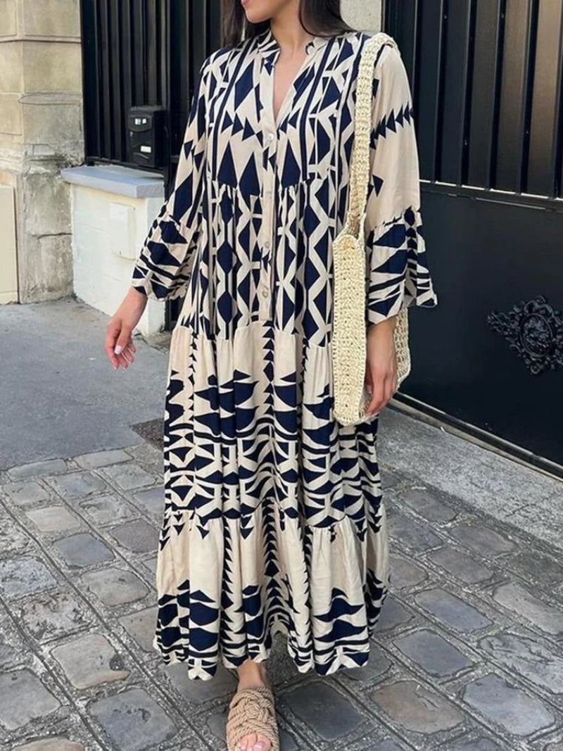 Geometric Print V-Neck Maxi Dress for Beach and Casual Wear