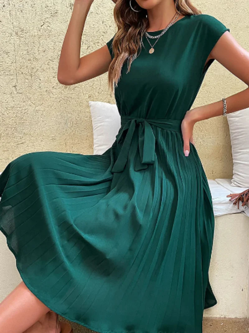 Women's Summer Beach Casual Sundress Pleated Midi Dress O-Neck - Image 3