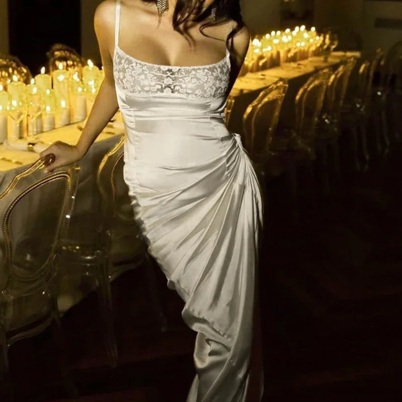 Satin splicing long dress for women: Cocktail party essential
