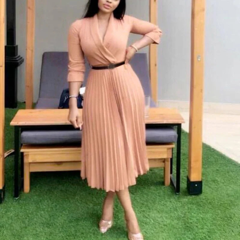 High Waist Pleated Dress for Business Office in Autumn - Image 3