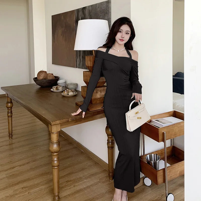 Retro one-shoulder slim-fit long sleeve dress for women - Image 4