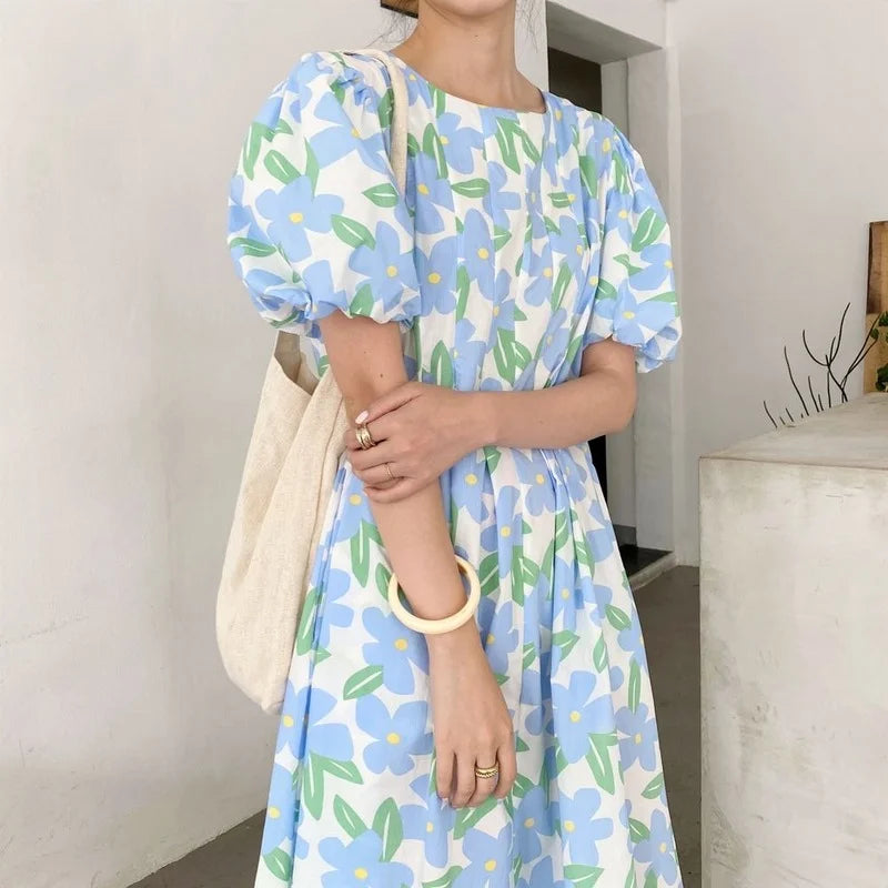 Floral Printed Midi Sundress with Round Collar for Women