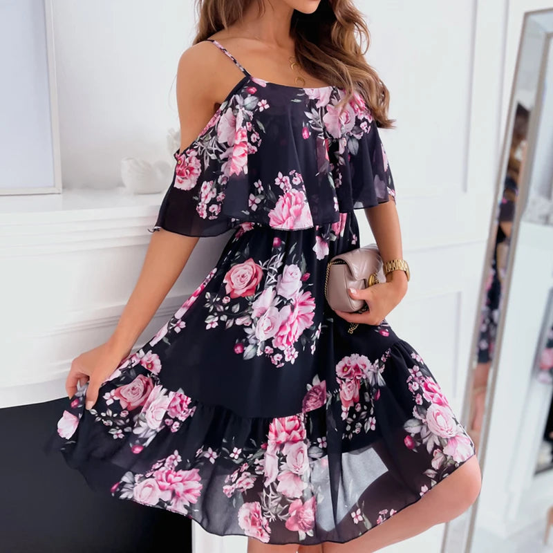 Floral Print Spaghetti Strap Sleeveless Dress for Summer Holidays