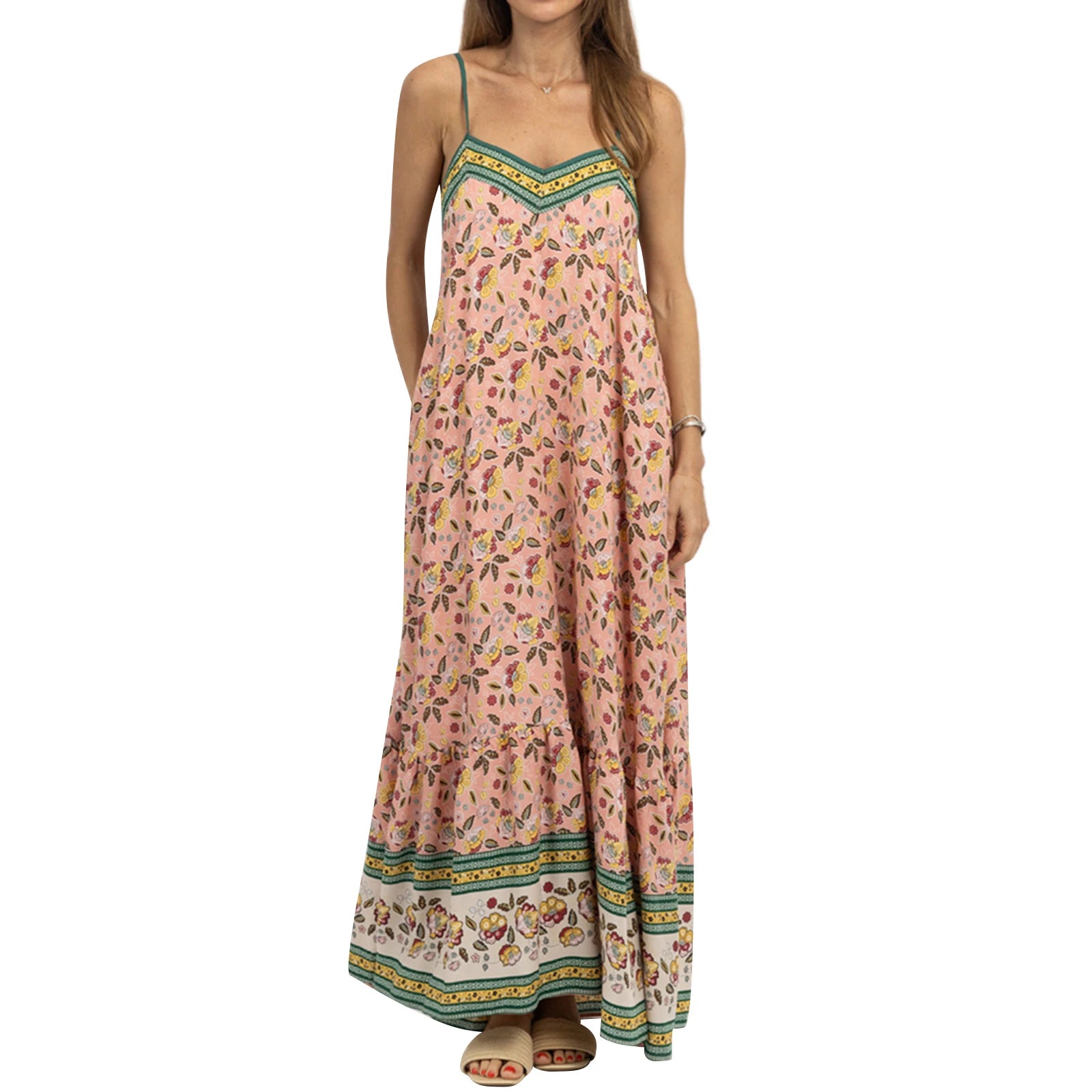 Women's Sleeveless Floral Print A-Line Dress with Pockets - Image 3