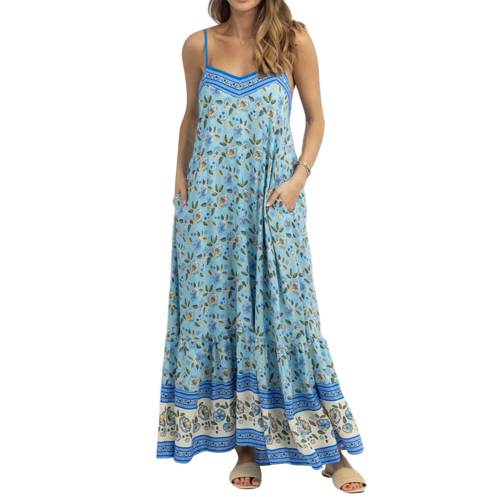 Women's Sleeveless Floral Print A-Line Dress with Pockets - Image 6