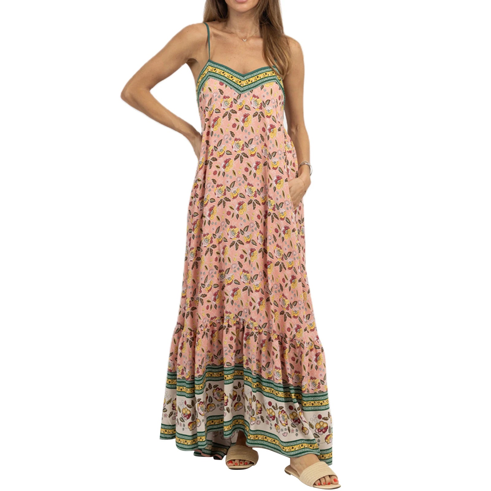 Women's Sleeveless Floral Print A-Line Dress with Pockets - Image 4