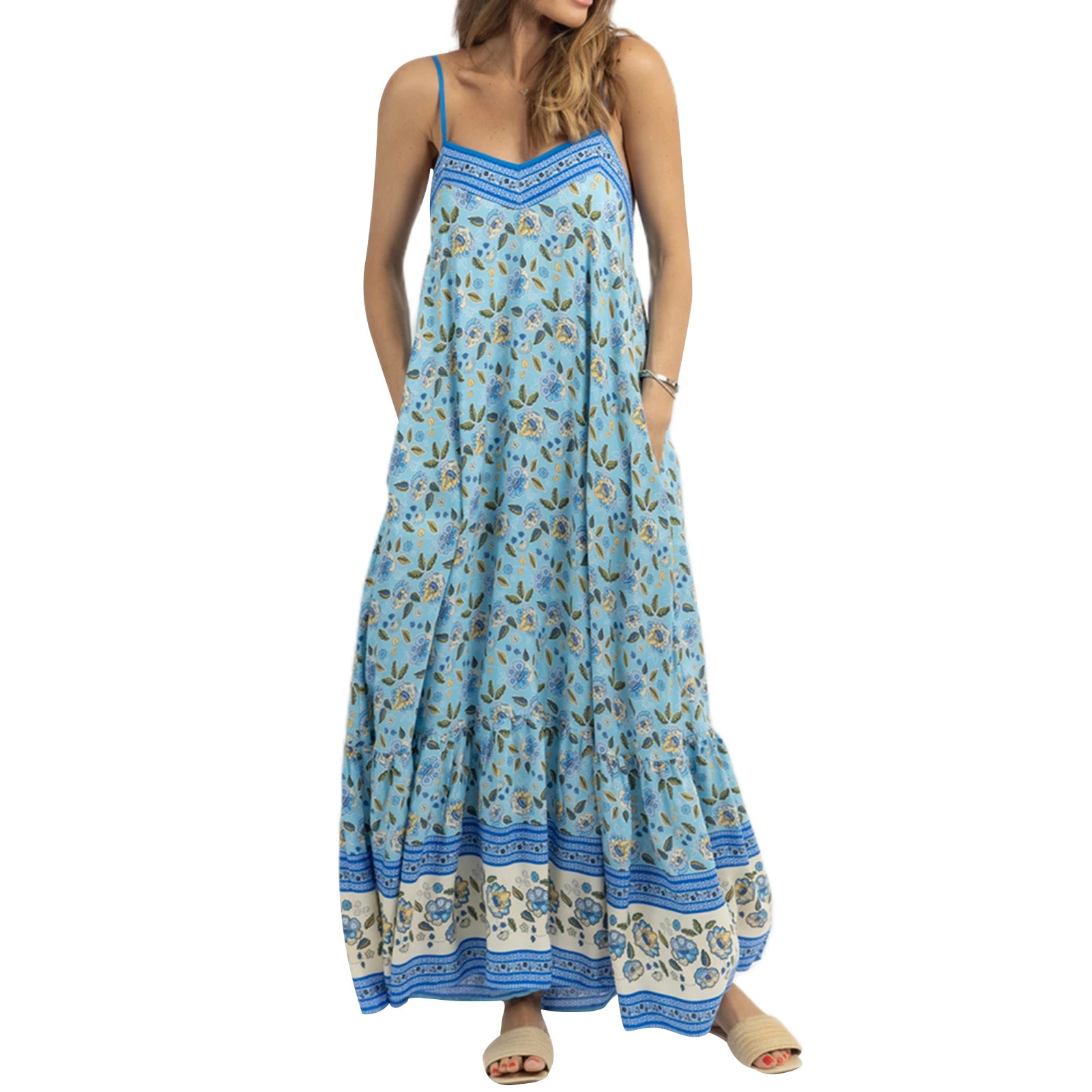 Women's Sleeveless Floral Print A-Line Dress with Pockets - Image 5