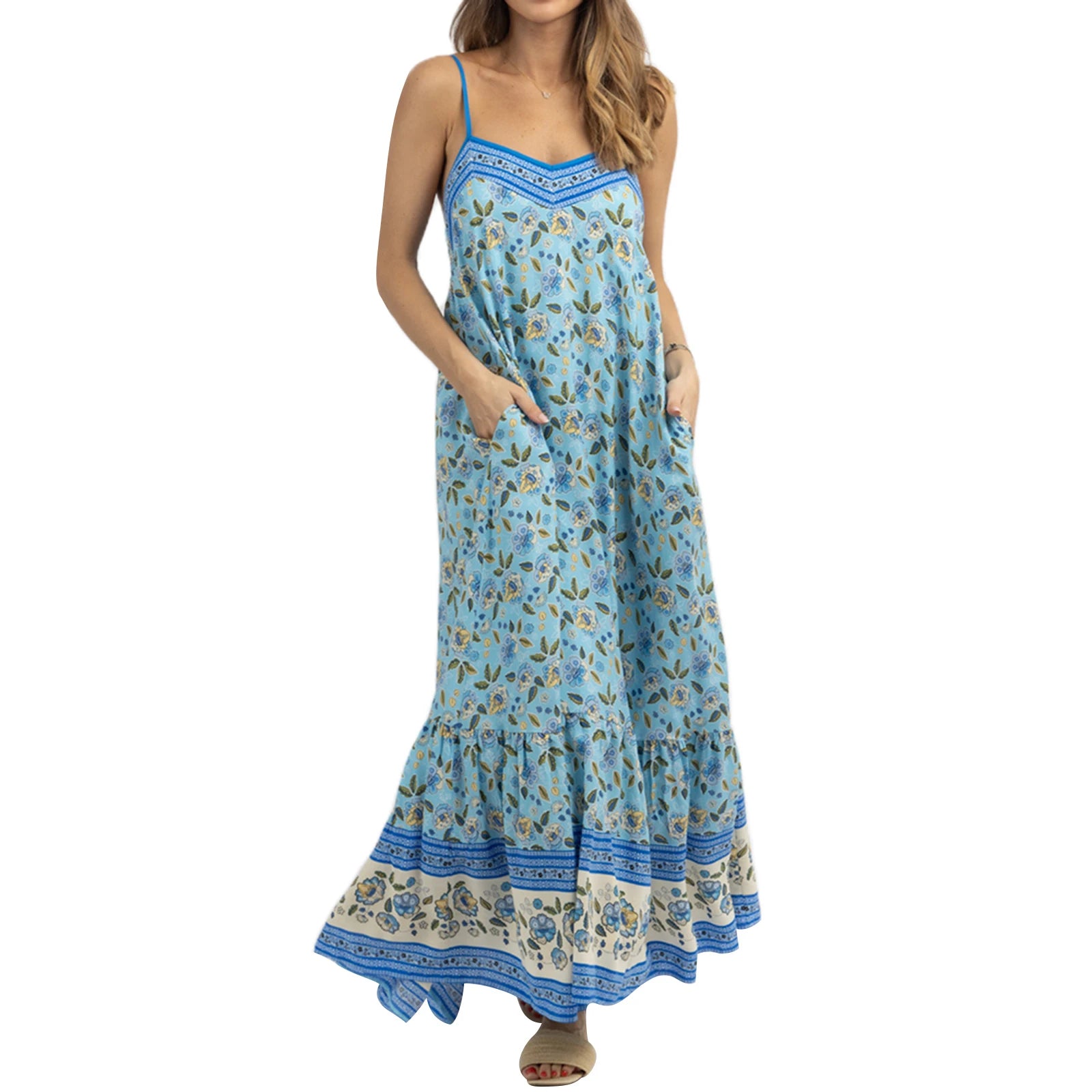 Women's Sleeveless Floral Print A-Line Dress with Pockets - Image 7