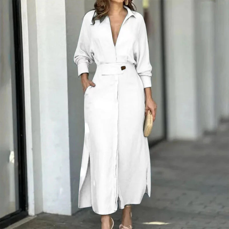 Solid Color Casual Shirt Collar Long Dress for Women - Image 3