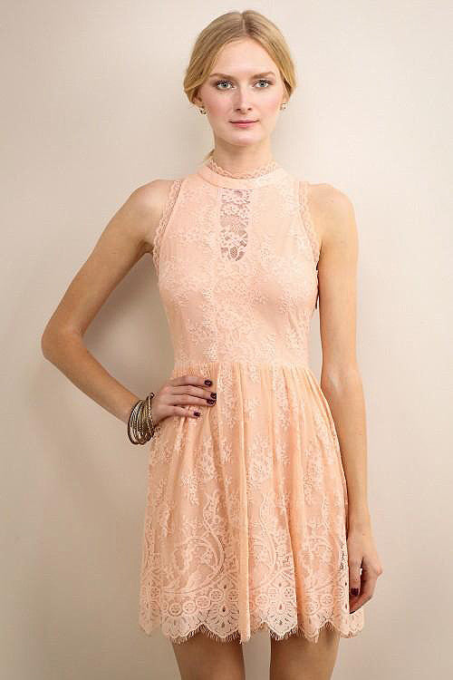 Peach High Neckline Short Lace Dress – Aquarius Brand