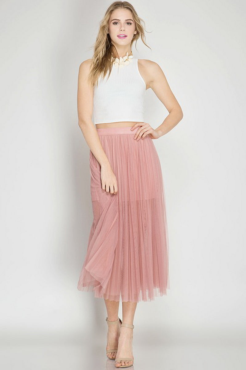 rose pink pleated skirt