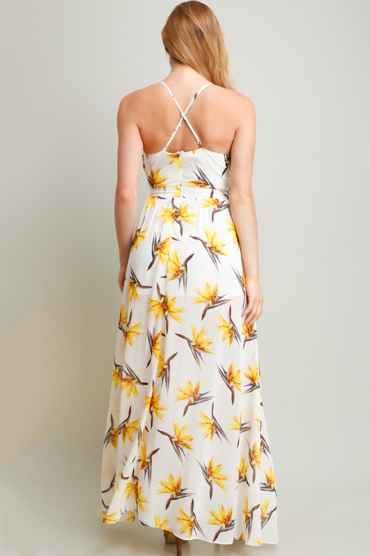 white maxi dress with yellow flowers