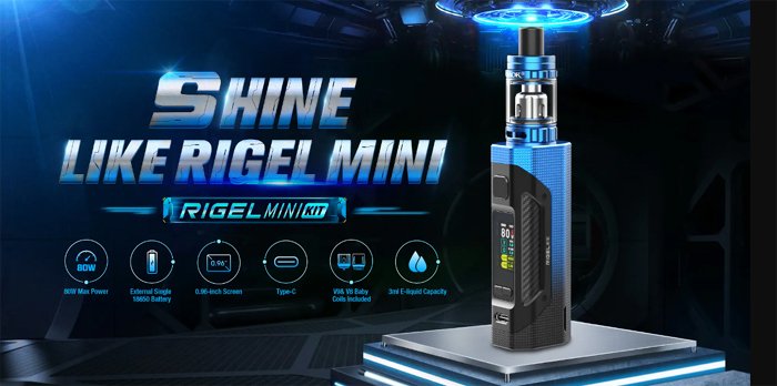 A Smok Rigel Mini vape device with text and graphics surrounding it.