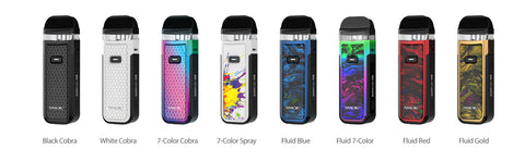 Eight colorful vape devices called the SMOK Nord X with their color description listed beneath them.