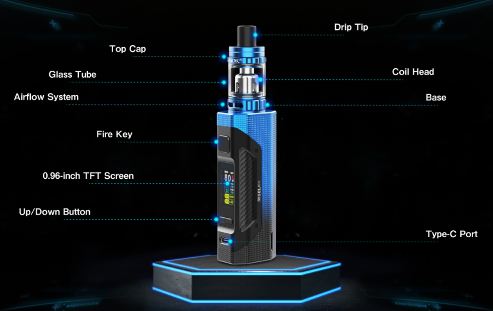 A blue SMOK Rigel Mini vape device with text indicating its parts.