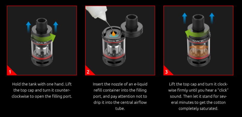 A 3-step guide to refilling the SMOK TFV9 mini tank.