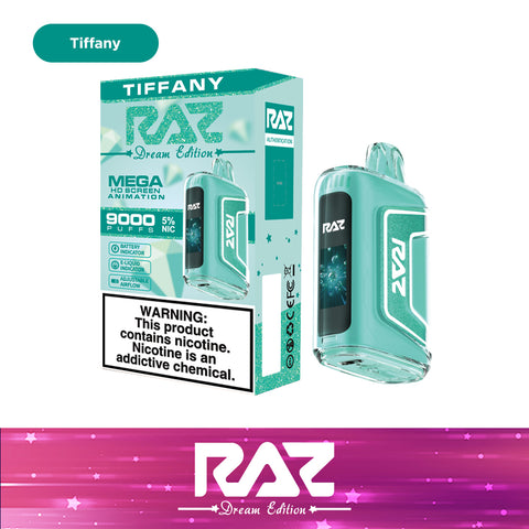 New flavor of RAZ TN9000: RAZ Tiffany Flavor, presented with packaging box.