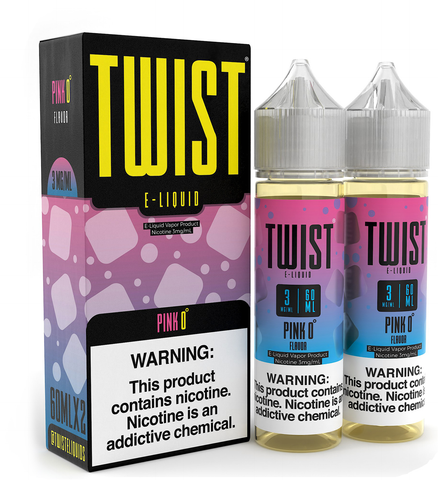 Two bottles of Iced Pink Lemonade e-juice by Twist E-Liquids and their packaging.