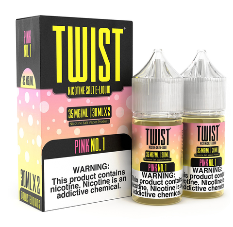 Two bottles of pink lemonade nicotine salt by Twist E-Liquids next to their packaging.
