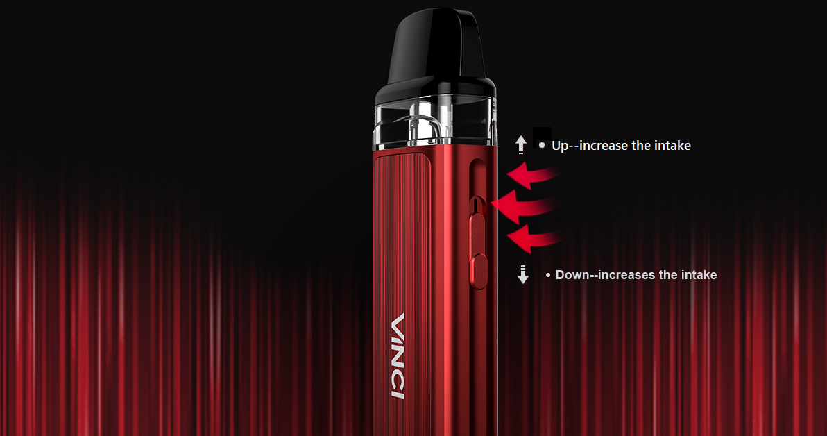 A red Voopoo pod device with arrows pointing to its airflow slide.