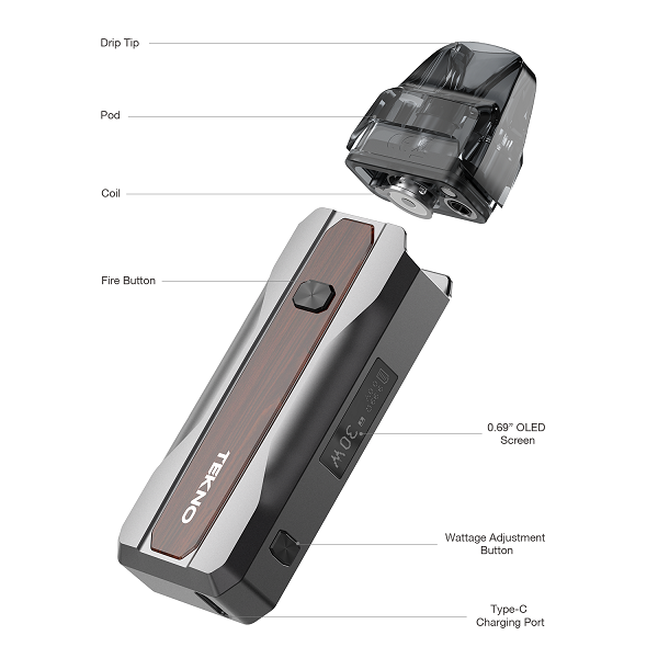 An exploded view of the Aspire Tekno pod device with parts labelled.