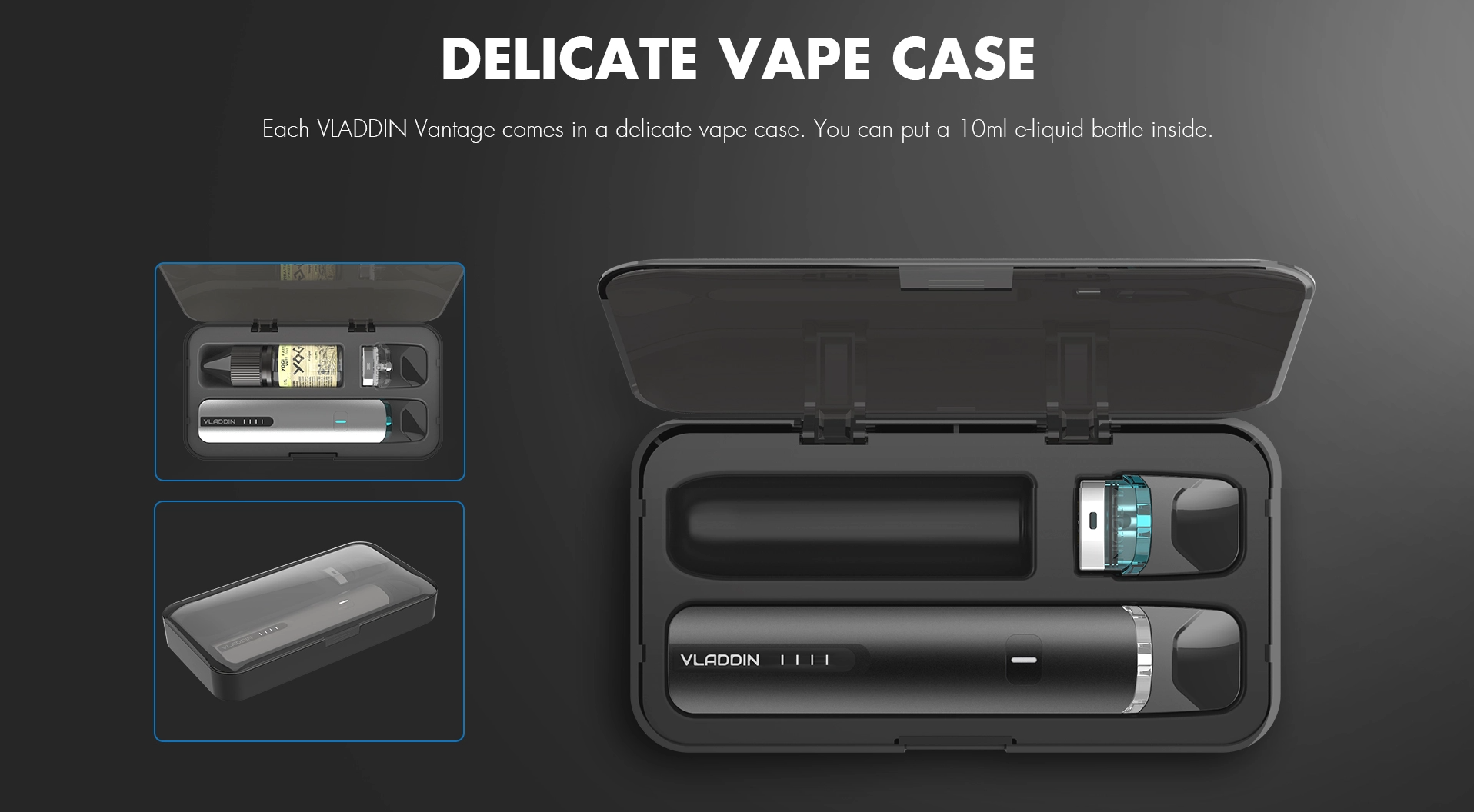 A black vape kit and carrying case against a black background.