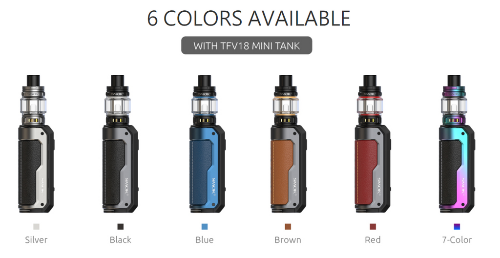 Six SMOK Fortis vape kits displayed in different colors and labelled accordingly.
