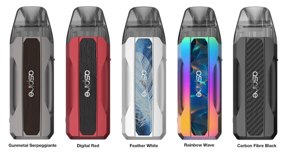Five colorful Aspire Tekno vape pod devices with labels beneath.