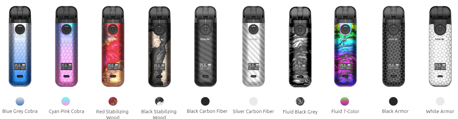 Several SMOK Novo 4 pod devices in a variety of colors and designs.