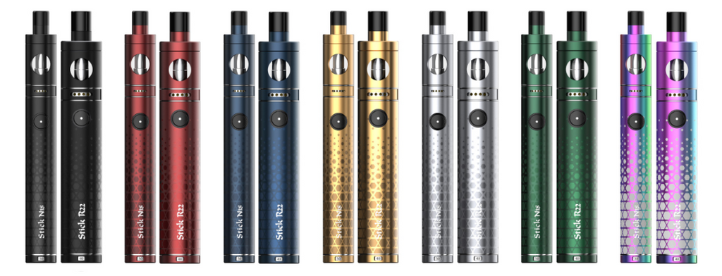 Many colorful SMOK vape pens displayed in a row.