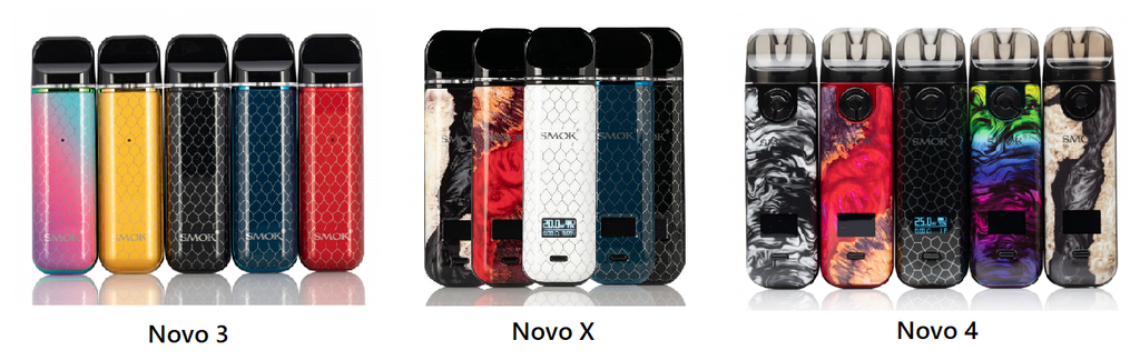 Various color scheme options for the SMOK Novo 3, Novo X, and Novo 4.