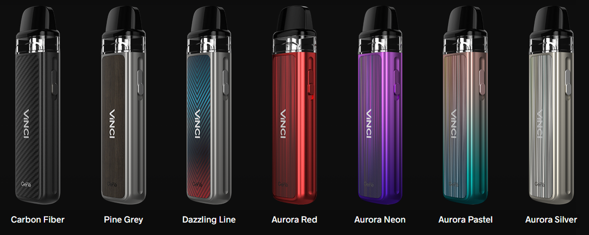 Several Voopoo Vinci Pod kits displayed in an array of colors.
