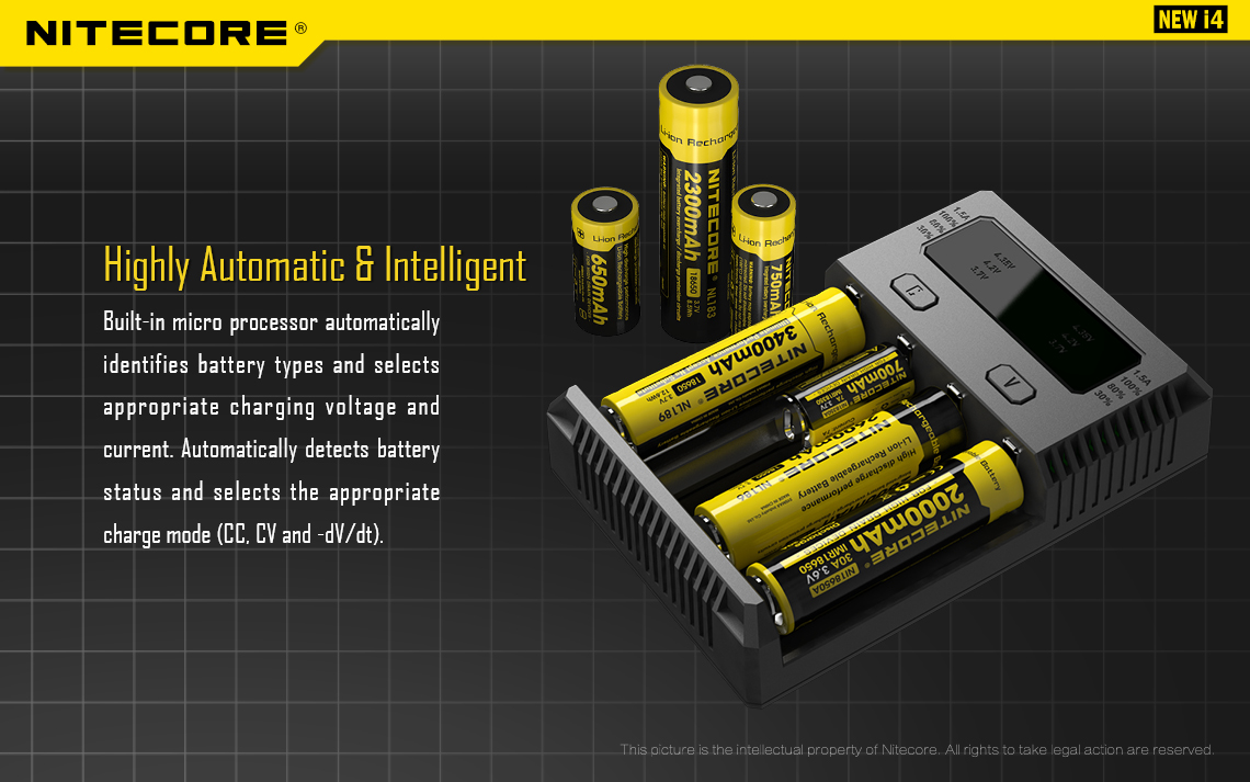 A graphic showing a Nitecore charger with yellow vape batteries inside.