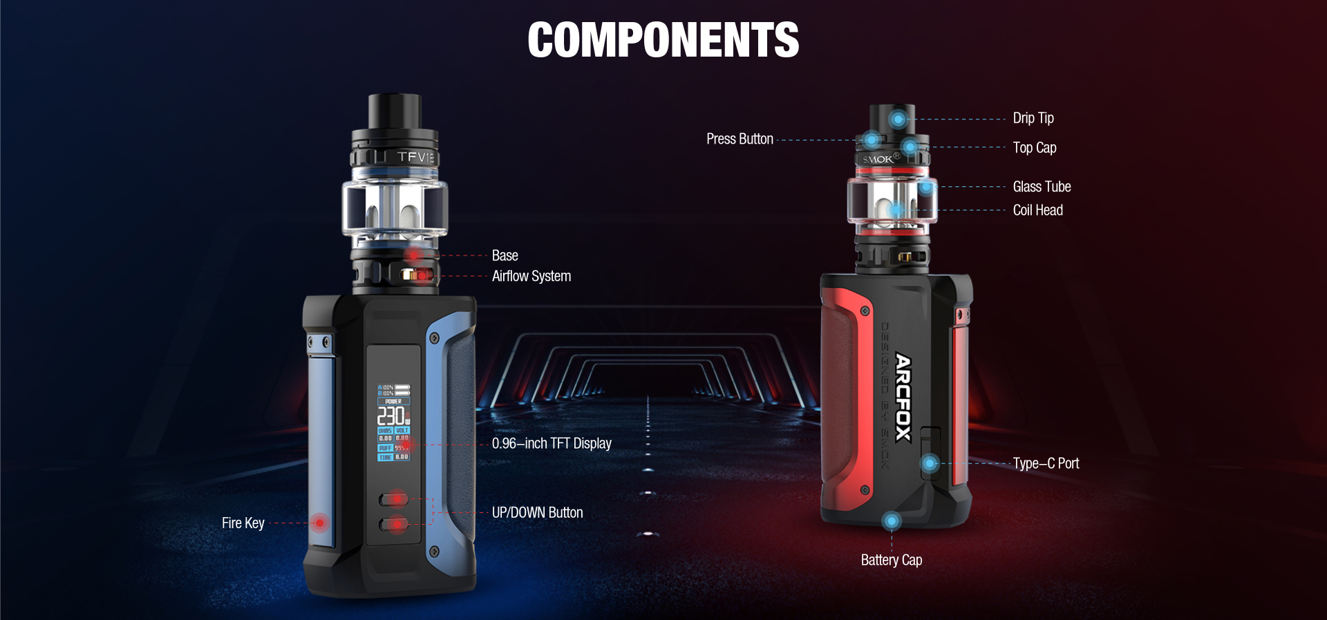 Two SMOK vape kits with arrows indicating special features.