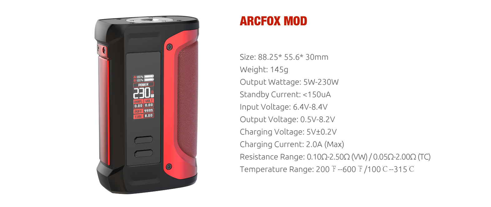 A black and red SMOK vape mod with specs listed to the right.