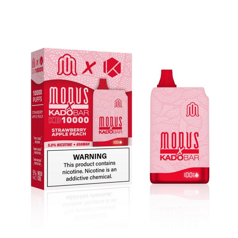 A MODUS X KADOBAR KB10000 product in Strawberry Apple Peach flavor, with packaging box on the left side.