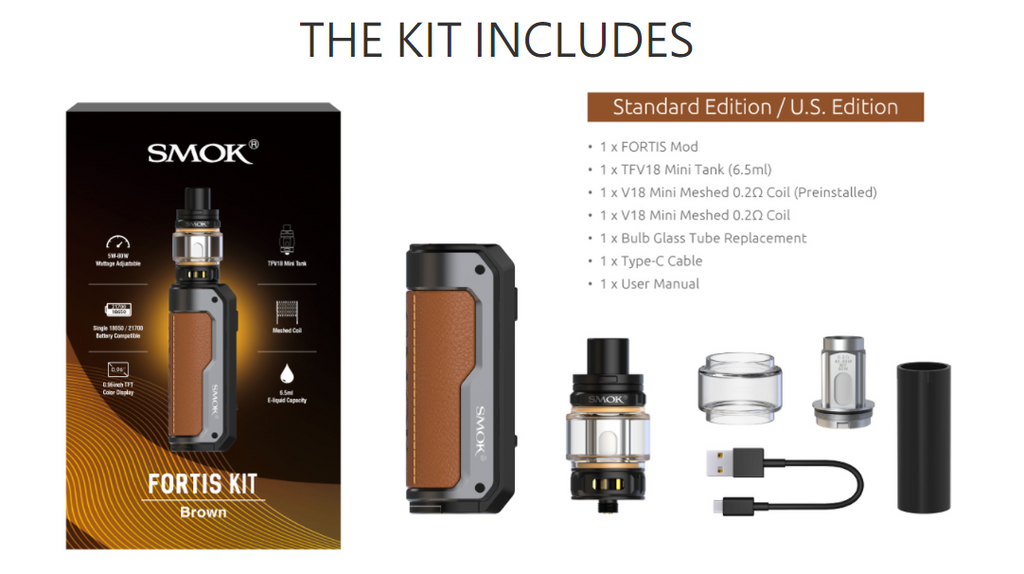 A SMOK Fortis vape kit with all included parts displayed and listed.