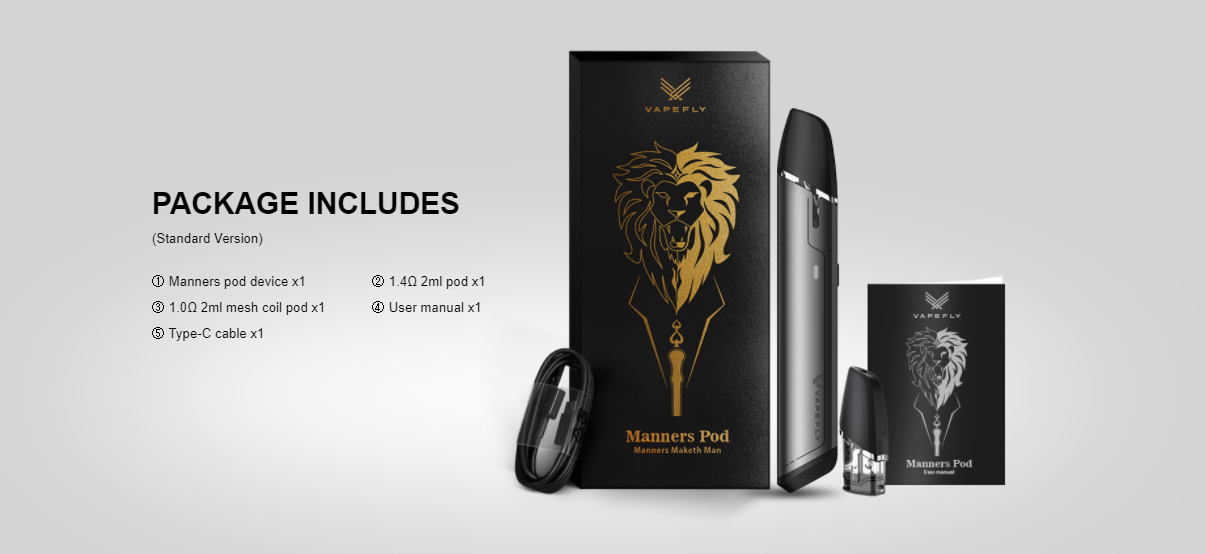 A Vapefly Manners pod kit with all included parts displayed.
