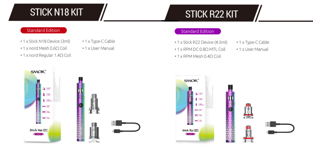 Two vape pen kits by SMOK with all of their included parts displayed and listed.