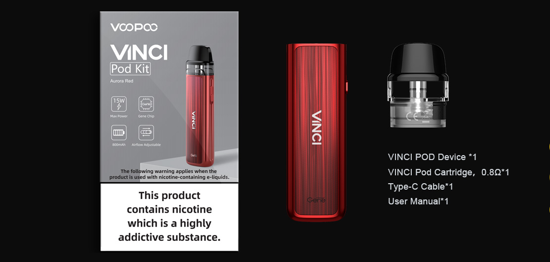 A red Voopoo Vinci Pod kit with all parts displayed.