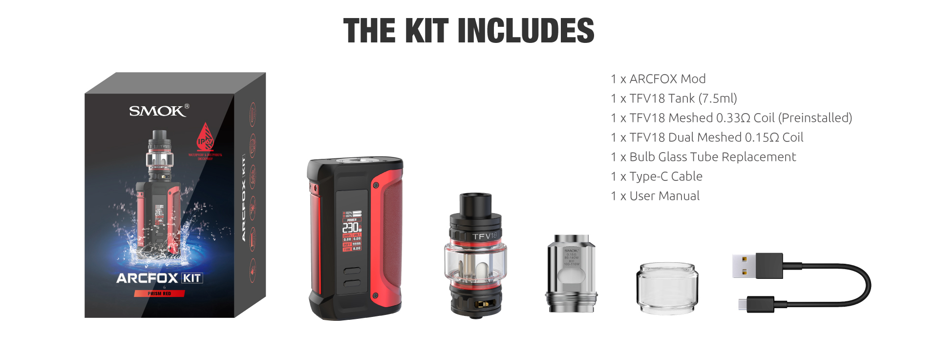 A SMOK Arcfox vape kit with all parts displayed and listed.