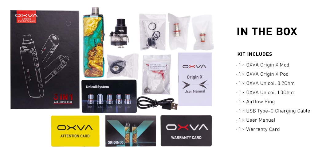 An OXVA Origin X pod kit with all pieces displayed and listed.