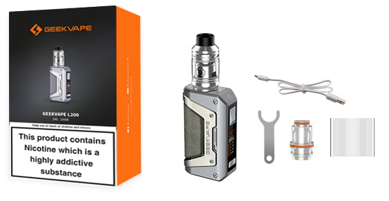 A Geekvape L200 kit with all of its included parts displayed.