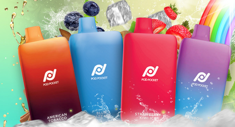 Several Pod Pocket 7500 products arranged together with fruits, showcasing various flavors of Pod Pocket 7500, colorful and vibrant.