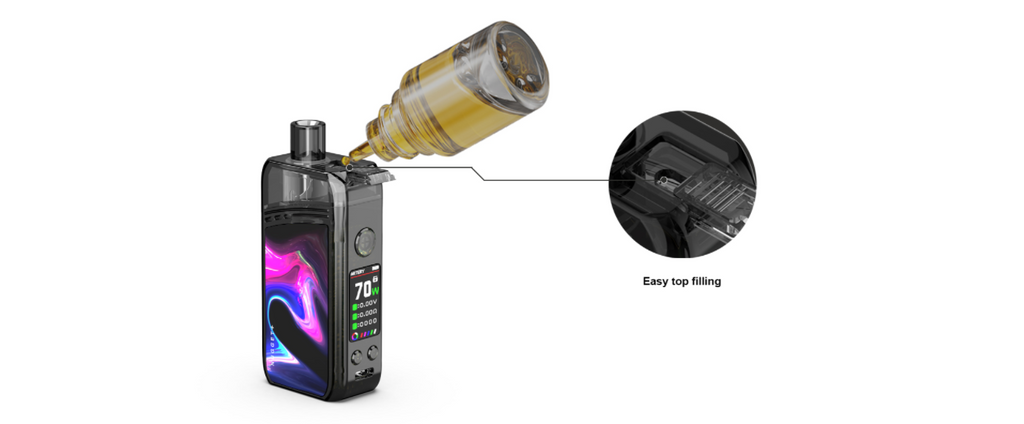 A graphic depicting a vape pod device being filled with e-liquid.