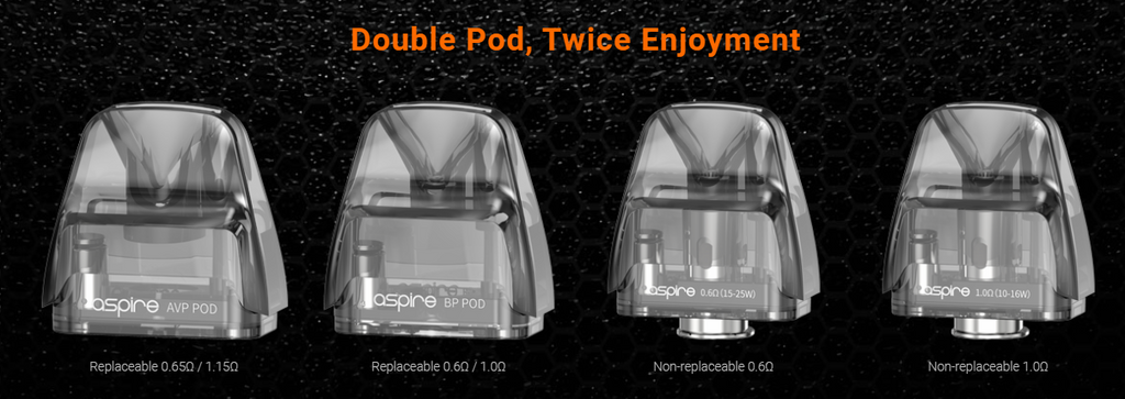 Four Aspire vape pods atop a black background with text surrounding.